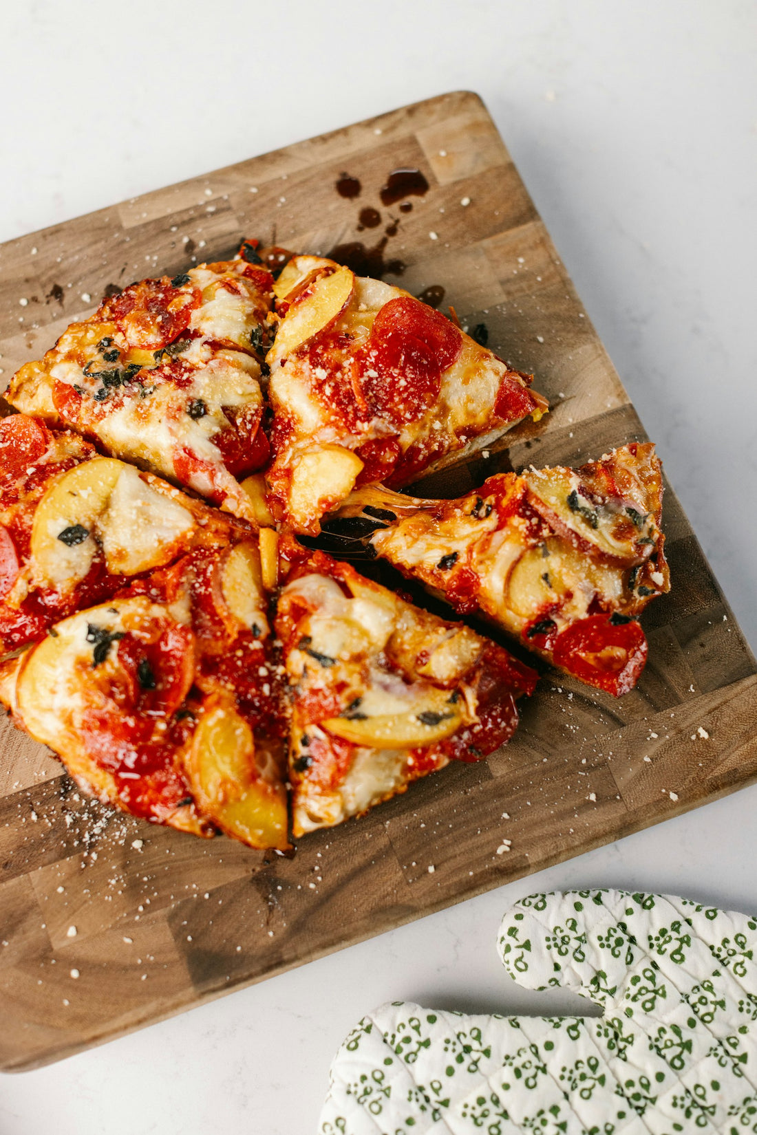 Pan Pizza with Peaches, Pepperoni, and Hot Honey